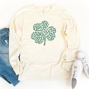 Leopard Print Shamrock Long Sleeve Ivory T-Shirt